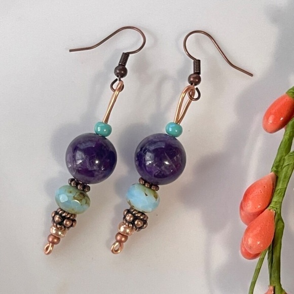 Handmade Amethyst and Copper Earrings - Picture 4 of 5